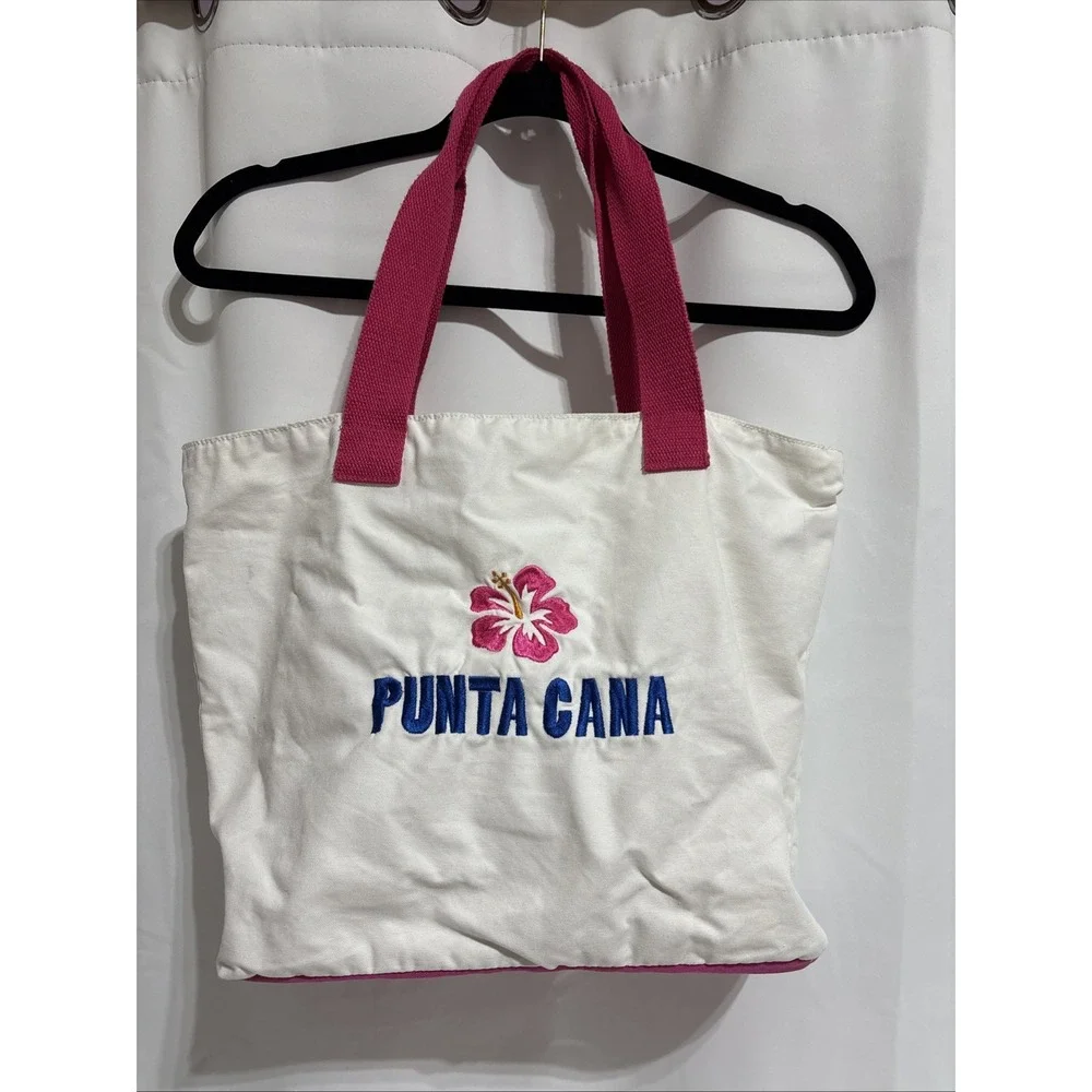 Punta Cana Tropical Canvas Beach‎ Bag Vacation Swim Travel Sunset White/Pink